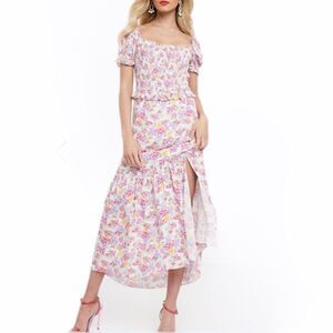 Dark Pink Floral Shirred Off The Shoulder Maxi Dress New Size 8